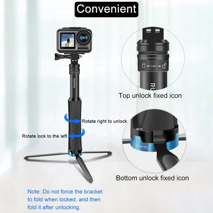 RUIGPRO Trépied monobloc portable avec perche à selfie et monopode télescopique pour GoPro, Insta360, DJI et autres caméras d'action (noir)