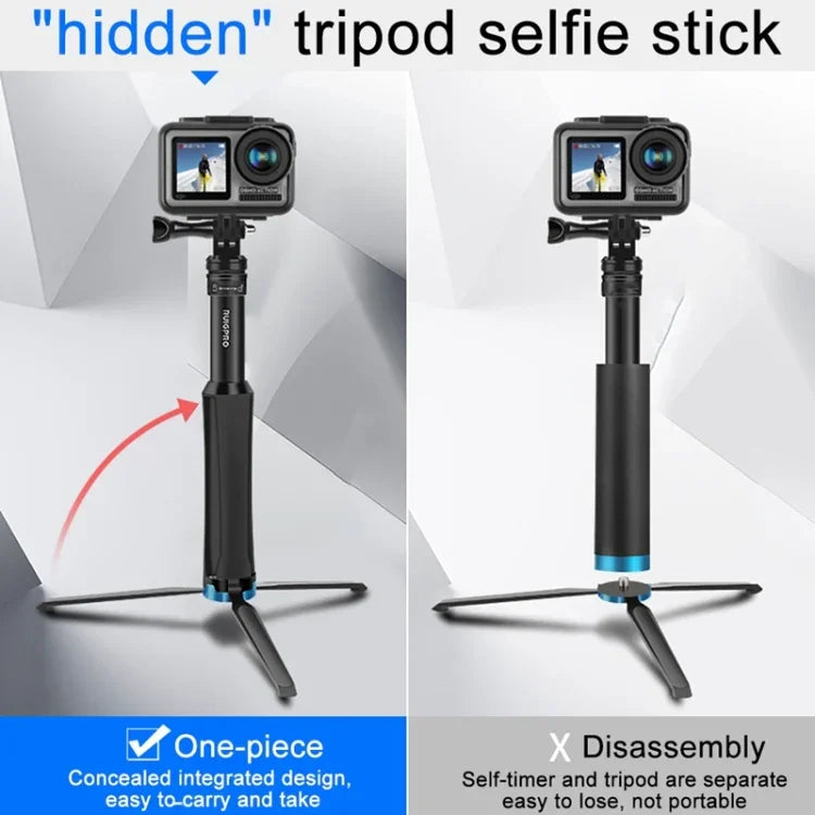 RUIGPRO Trépied monobloc portable avec perche à selfie et monopode télescopique pour GoPro, Insta360, DJI et autres caméras d'action (noir)