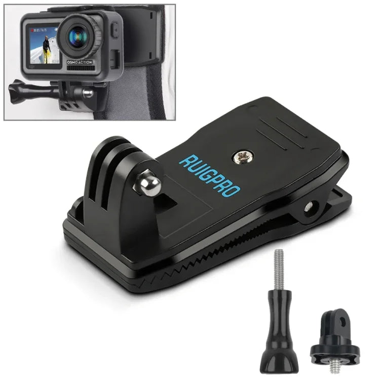 Support de fixation pour sac à dos RUIGPRO avec pince et vis pour GoPro, Insta360, DJI et autres caméras d'action, rotation à 360°.
