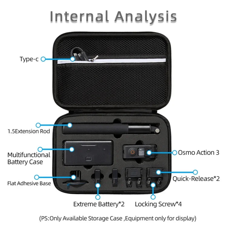 Étui de transport et de rangement pour DJI Osmo Action 3, dimensions : 21,5 x 29,5 x 10 cm.