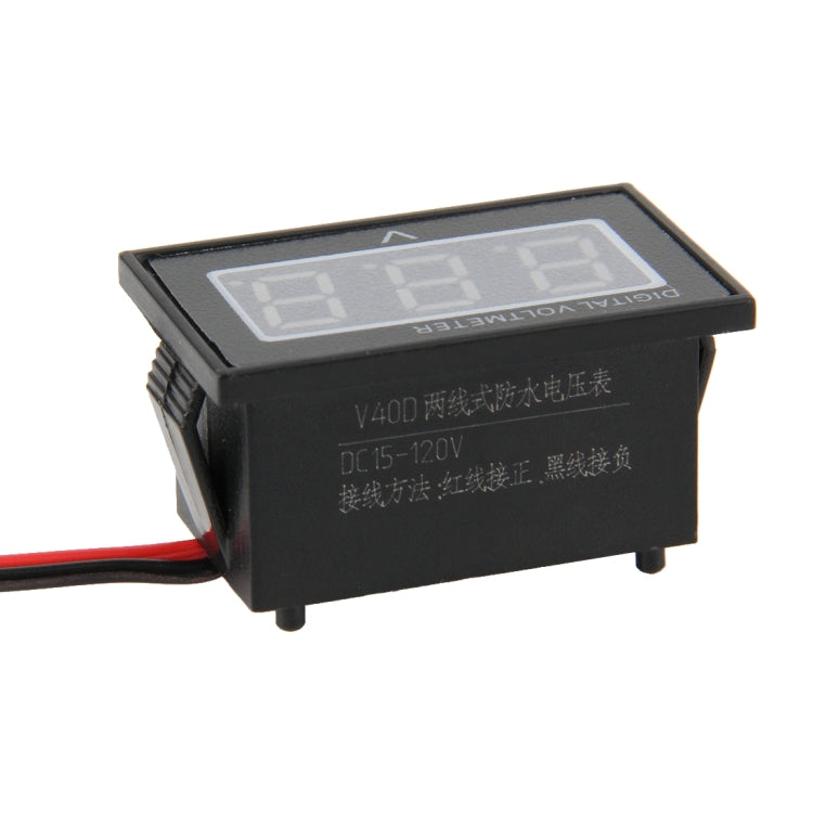 V40D Affichage lumière rouge 2 fils Mini voltmètre numérique étanche IPX4, mesure tension : DC 15-120V, DT0001G, DT0001L, DT0001R