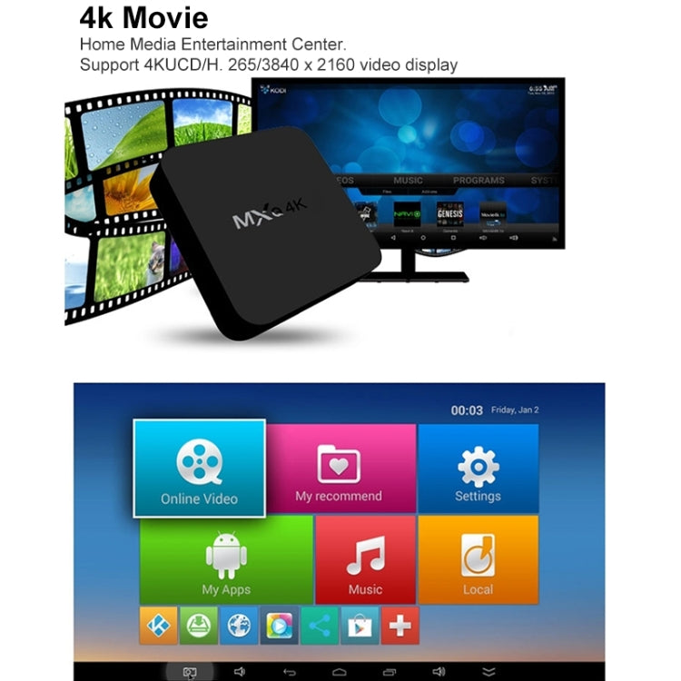 MXQ Pro 5G Lecteur multimédia Full HD 1280 x 720 1 Go+8 Go RK30Board Quad Core Android 7.1 Boîtier TV avec télécommande
