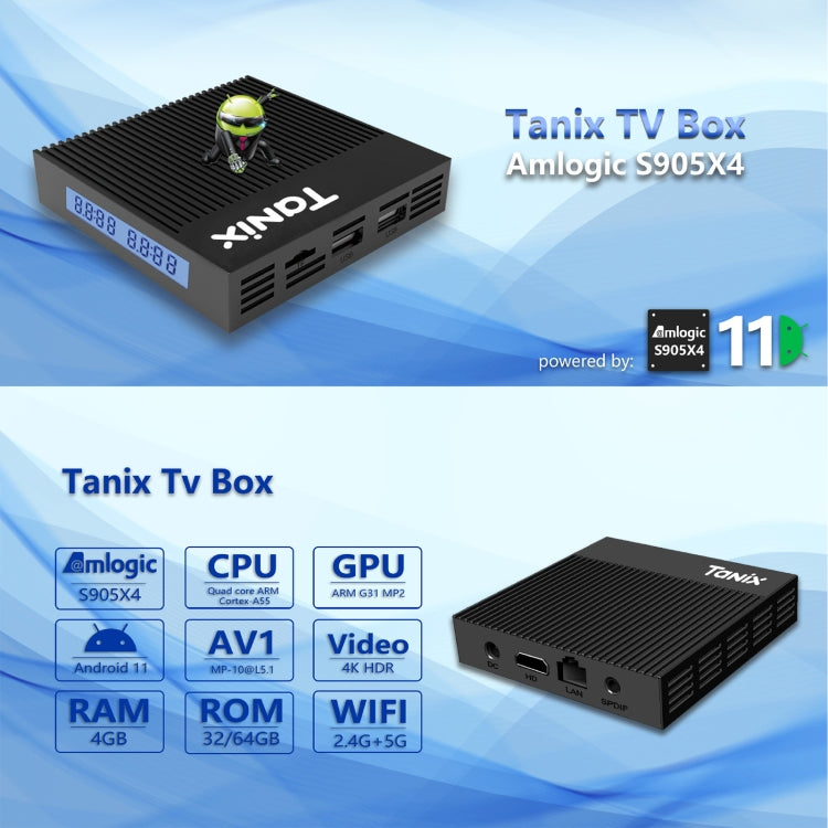 Boîtier Smart TV Tanix X4 Android 11, Amlogic S905X4 Quad Core, 4 Go+32 Go, Double Wifi, BT, 4 Go+32 Go