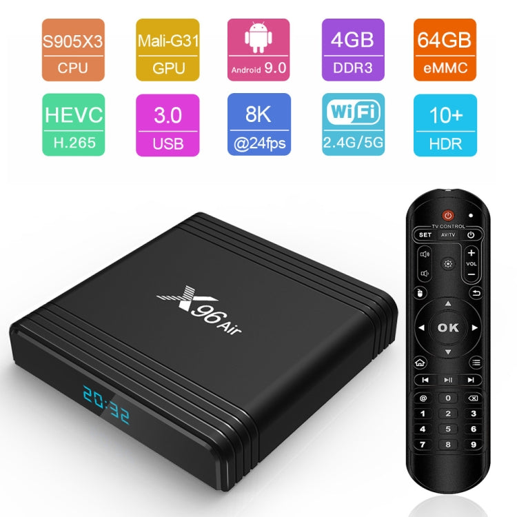 X96 Air 8K Smart TV BOX Android 9.0 Lecteur multimédia avec télécommande, Quad-core Amlogic S905X3, RAM : 4 Go, ROM : 32 Go, WiFi double bande, Bluetooth, prise australienne, 4 Go+32 Go