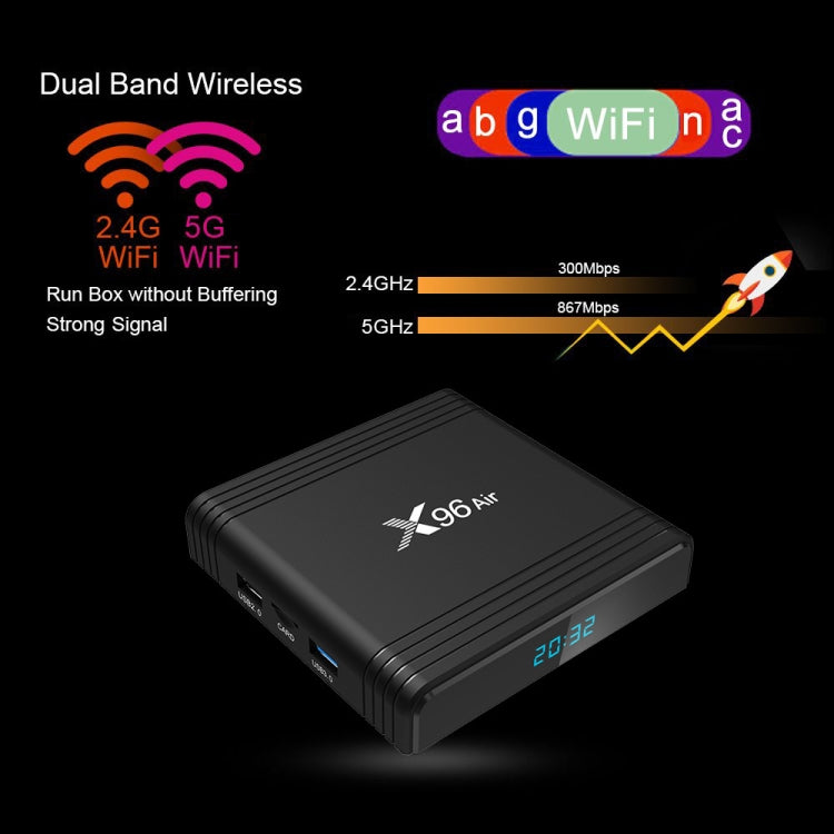 X96 Air 8K Smart TV BOX Android 9.0 Lecteur multimédia avec télécommande, Quad-core Amlogic S905X3, RAM : 4 Go, ROM : 32 Go, WiFi double bande, Bluetooth, prise australienne, 4 Go+32 Go