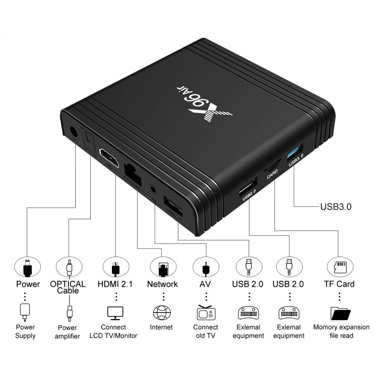 X96 Air 8K Smart TV BOX Android 9.0 Lecteur multimédia avec télécommande, Quad-core Amlogic S905X3, RAM : 4 Go, ROM : 64 Go, Wi-Fi bi-bande, Bluetooth, prise AU, 4 Go+64 Go