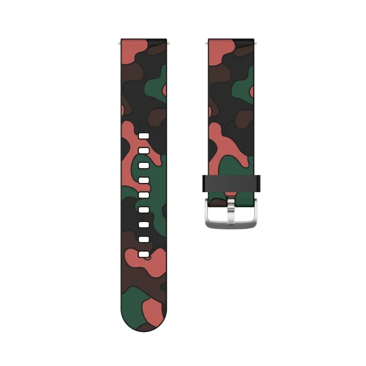 Bracelet de remplacement en silicone camouflage avec boucle argentée, 20mm pour Samsung Galaxy Watch 3 41mm, 22mm pour Samsung Galaxy Watch 3 45mm, 20mm pour Samsung Galaxy Watch Active2 44mm, 20mm pour Huawei Watch GT 2 42mm