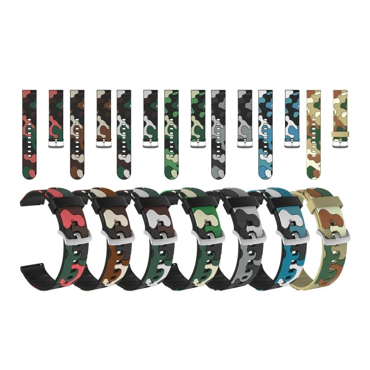 Bracelet de remplacement en silicone camouflage avec boucle argentée, 20mm pour Samsung Galaxy Watch 3 41mm, 22mm pour Samsung Galaxy Watch 3 45mm, 20mm pour Samsung Galaxy Watch Active2 44mm, 20mm pour Huawei Watch GT 2 42mm