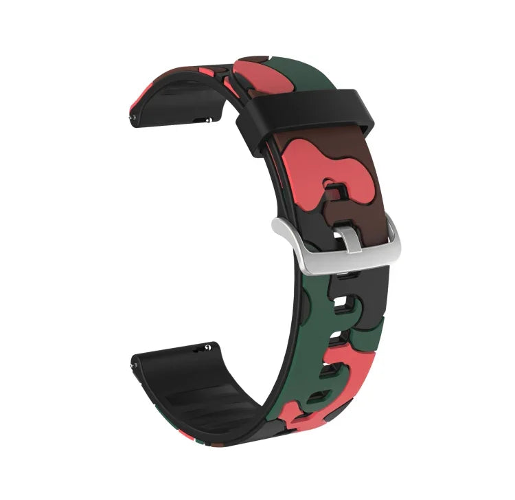 Bracelet de remplacement en silicone camouflage avec boucle argentée, 20mm pour Samsung Galaxy Watch 3 41mm, 22mm pour Samsung Galaxy Watch 3 45mm, 20mm pour Samsung Galaxy Watch Active2 44mm, 20mm pour Huawei Watch GT 2 42mm