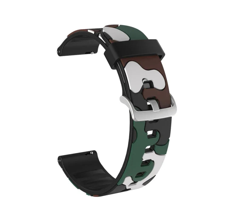 Bracelet de remplacement en silicone camouflage avec boucle argentée, 20mm pour Samsung Galaxy Watch 3 41mm, 22mm pour Samsung Galaxy Watch 3 45mm, 20mm pour Samsung Galaxy Watch Active2 44mm, 20mm pour Huawei Watch GT 2 42mm