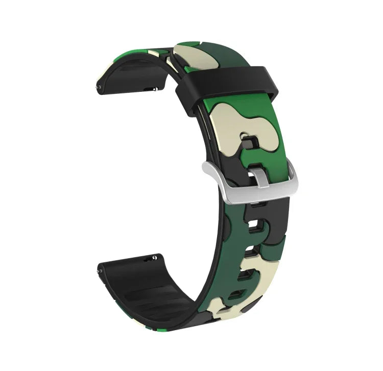 Bracelet de remplacement en silicone camouflage avec boucle argentée, 20mm pour Samsung Galaxy Watch 3 41mm, 22mm pour Samsung Galaxy Watch 3 45mm, 20mm pour Samsung Galaxy Watch Active2 44mm, 20mm pour Huawei Watch GT 2 42mm