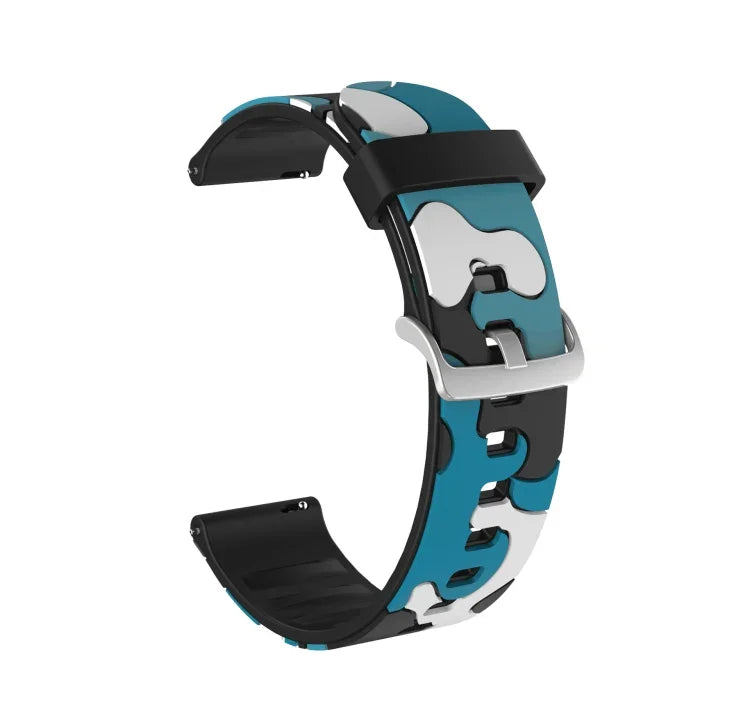 Bracelet de remplacement en silicone camouflage avec boucle argentée, 20mm pour Samsung Galaxy Watch 3 41mm, 22mm pour Samsung Galaxy Watch 3 45mm, 20mm pour Samsung Galaxy Watch Active2 44mm, 20mm pour Huawei Watch GT 2 42mm