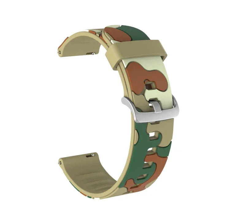Bracelet de remplacement en silicone camouflage avec boucle argentée, 20mm pour Samsung Galaxy Watch 3 41mm, 22mm pour Samsung Galaxy Watch 3 45mm, 20mm pour Samsung Galaxy Watch Active2 44mm, 20mm pour Huawei Watch GT 2 42mm