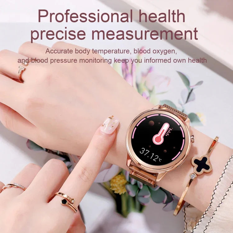 Montre connectée pour femme F80 avec écran couleur TFT 1,3 pouce, étanche IP68, avec suivi de la température corporelle, de la pression artérielle et du cycle menstruel.