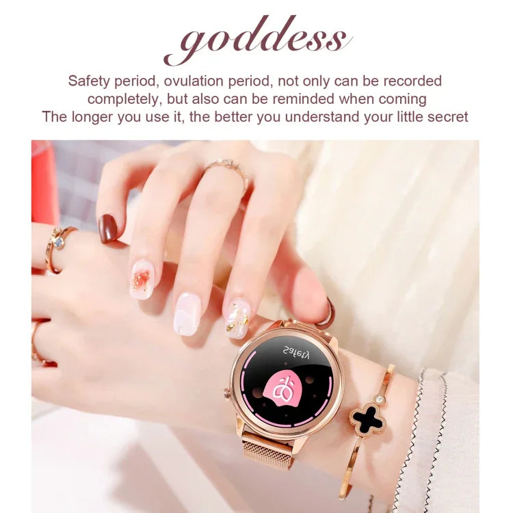 Montre connectée pour femme F80 avec écran couleur TFT 1,3 pouce, étanche IP68, avec suivi de la température corporelle, de la pression artérielle et du cycle menstruel.