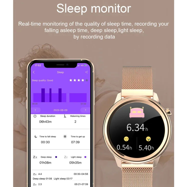 Montre connectée pour femme F80 avec écran couleur TFT 1,3 pouce, étanche IP68, avec suivi de la température corporelle, de la pression artérielle et du cycle menstruel.