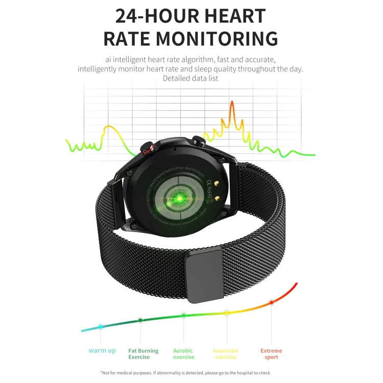 M98 Montre connectée étanche IP67 avec écran couleur IPS 1,28 pouces, prise en charge du moniteur de sommeil / moniteur de fréquence cardiaque / appel Bluetooth, style : bracelet en acier, bracelet en acier (noir), bracelet en acier (argent)