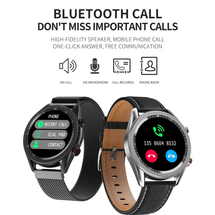 Montre connectée étanche IP67 M98 avec écran couleur IPS de 1,28 pouce, prise en charge du moniteur de sommeil / moniteur de fréquence cardiaque / appel Bluetooth, style : bracelet en cuir, bracelet en cuir (argent), bracelet en cuir (noir)