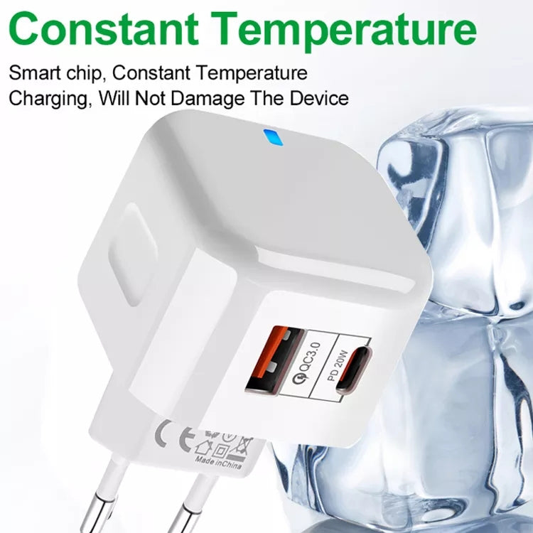Chargeur de voyage 20W PD + QC 3.0 à double ports, prise US, prise EU, prise UK