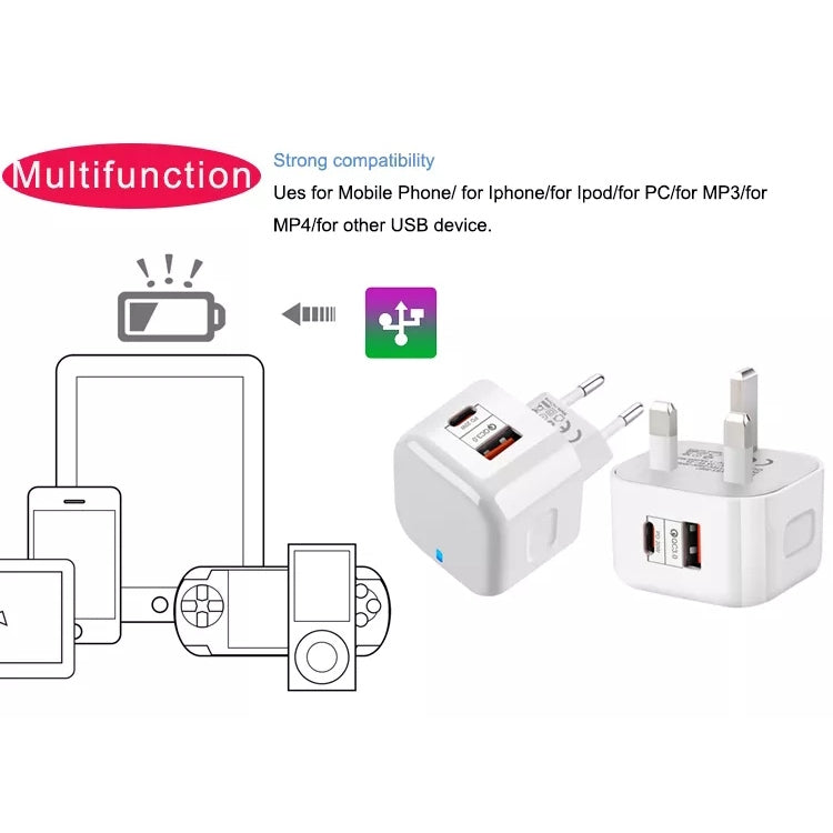 Chargeur de voyage 20W PD + QC 3.0 à double ports, prise US, prise EU, prise UK