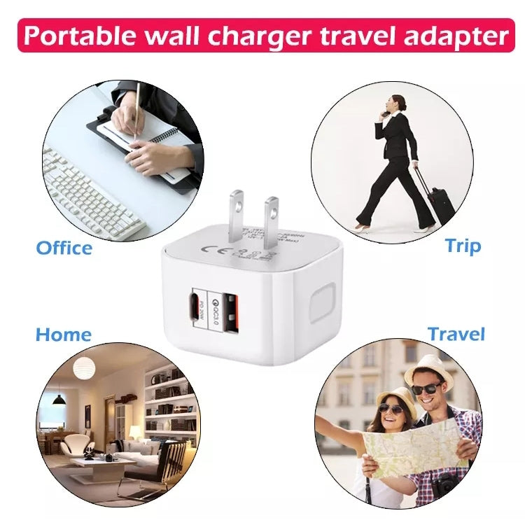 Chargeur de voyage 20W PD + QC 3.0 à double ports, prise US, prise EU, prise UK