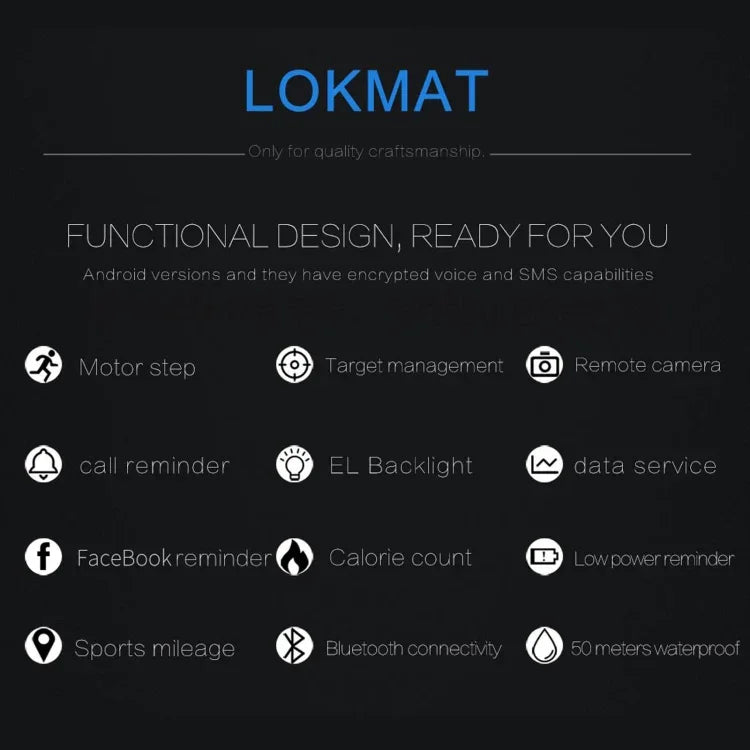 Montre connectée Lokmat MK16 avec écran LCD, étanche jusqu'à 50 m, notifications, déclencheur photo à distance et suivi des mouvements.