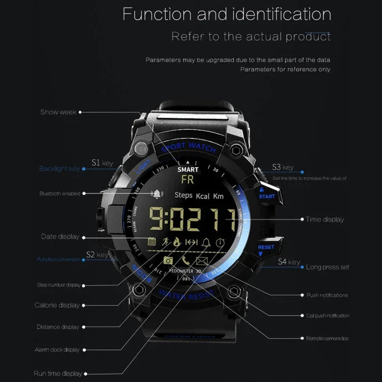 Montre connectée Lokmat MK16 avec écran LCD, étanche jusqu'à 50 m, notifications, déclencheur photo à distance et suivi des mouvements.