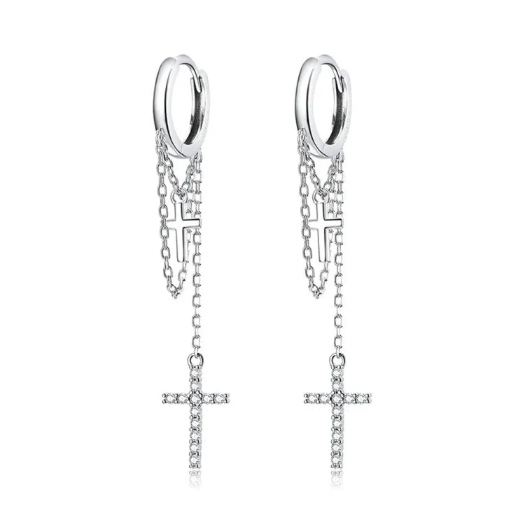 Boucles d'oreilles pendantes en argent sterling S925 avec croix brillante pour femme, Longue pampille brillante en forme de croix