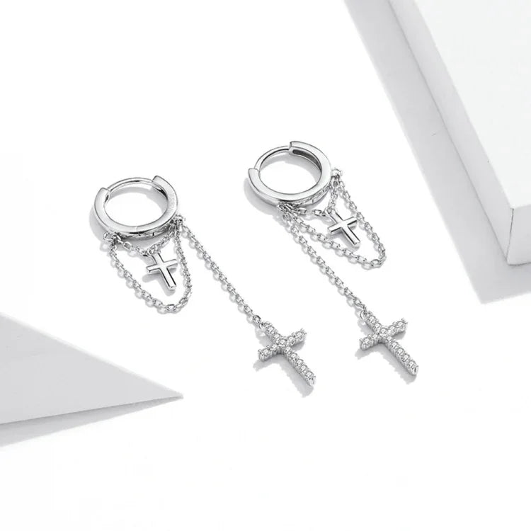 Boucles d'oreilles pendantes en argent sterling S925 avec croix brillante pour femme, Longue pampille brillante en forme de croix