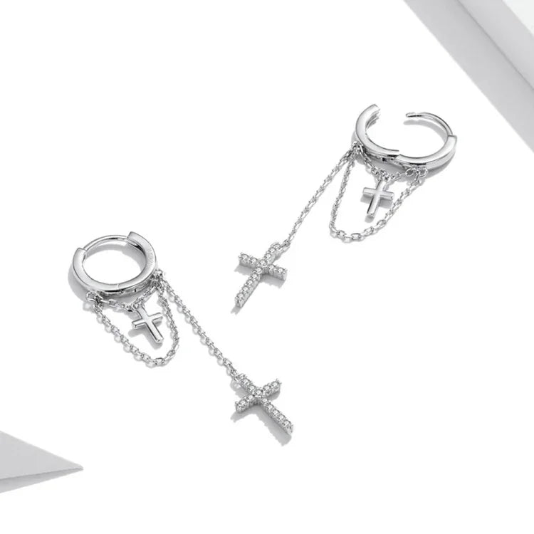Boucles d'oreilles pendantes en argent sterling S925 avec croix brillante pour femme, Longue pampille brillante en forme de croix