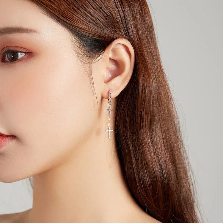 Boucles d'oreilles pendantes en argent sterling S925 avec croix brillante pour femme, Longue pampille brillante en forme de croix