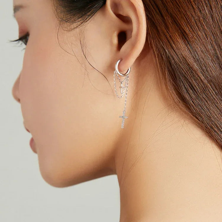 Boucles d'oreilles pendantes en argent sterling S925 avec croix brillante pour femme, Longue pampille brillante en forme de croix