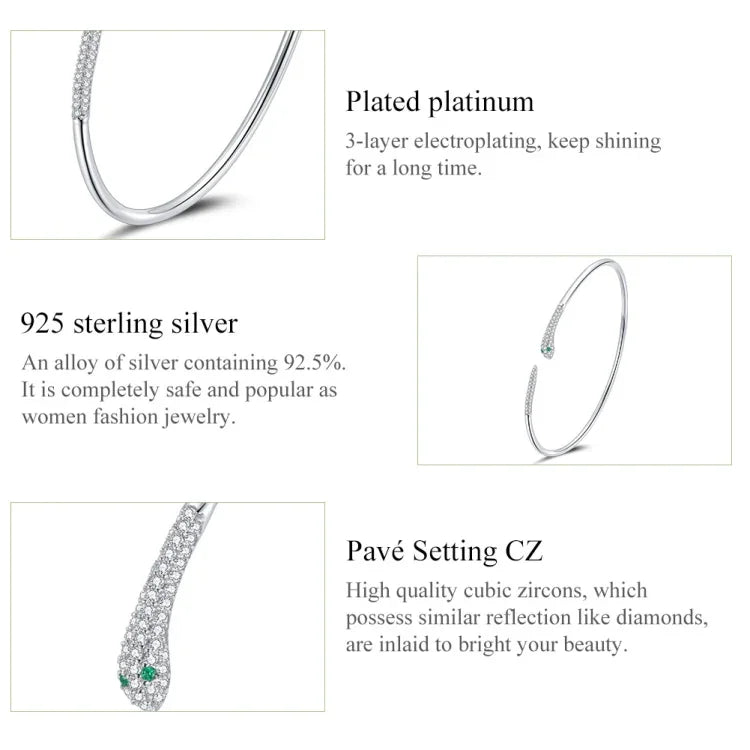 Bracelet ouvert serpent en argent sterling S925, bijoux pour femmes, serpent