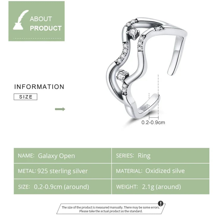 Bague Ouverte Femme Étoiles Galaxie en Argent Sterling S925, Étoiles Galaxie