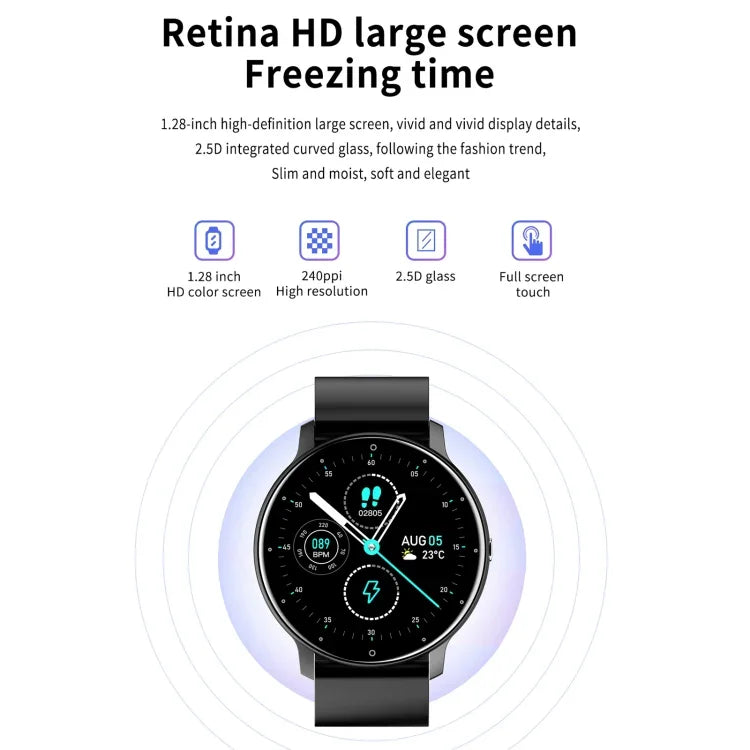 Montre connectée ZL02 avec écran tactile de 1,28 pouce, étanche IP67, prenant en charge la surveillance de la pression artérielle, du sommeil et de la fréquence cardiaque.