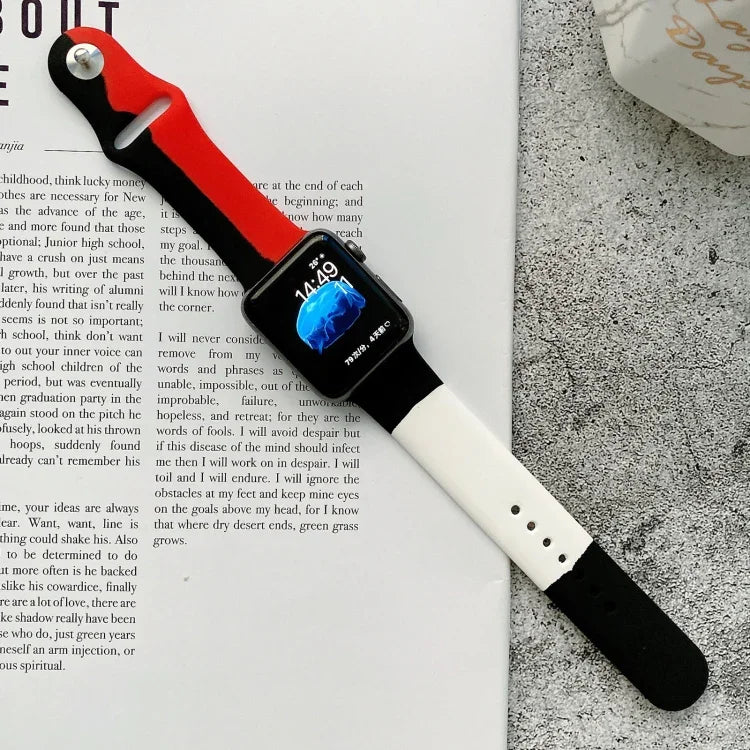 Silicone Color Matching Replacement Watchbands For Apple Watch Series 6 & SE & 5 & 4 44mm / 3 & 2 & 1 42mm, For Apple Watch 44mm/42mm(Black+Red+White), For Apple Watch 44mm/42mm(Light Blue+Dark Blue+Yellow)                                              ...