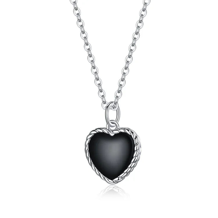 Collier Cœur Noir en Argent Sterling S925 pour Femme, Cœur Noir