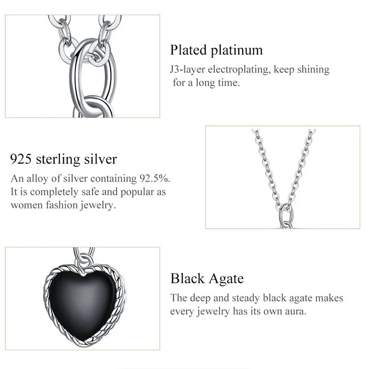 Collier Cœur Noir en Argent Sterling S925 pour Femme, Cœur Noir