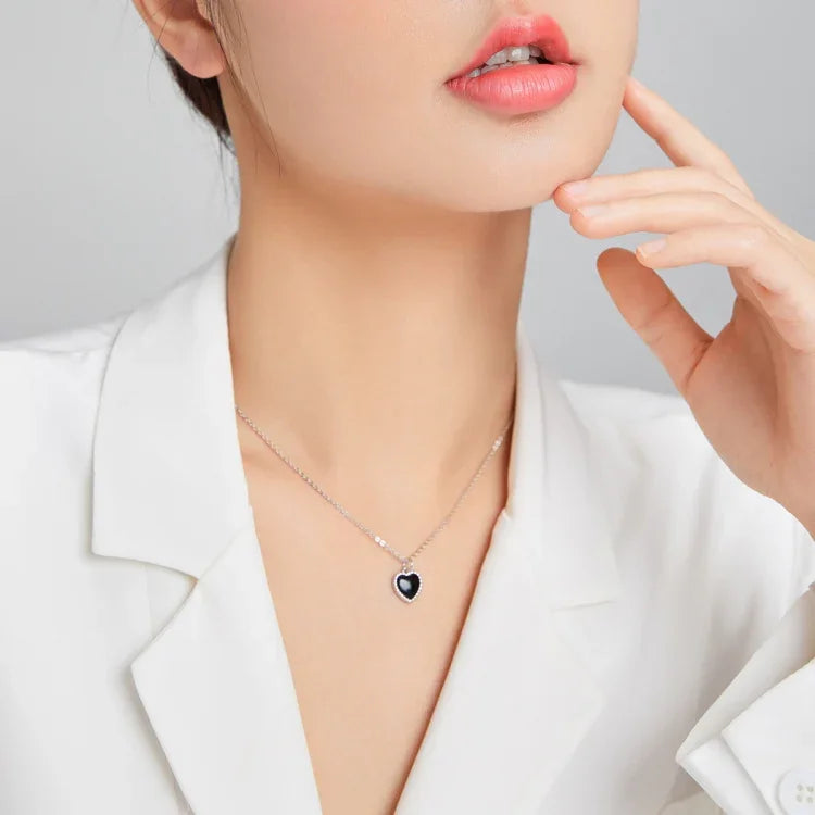 Collier Cœur Noir en Argent Sterling S925 pour Femme, Cœur Noir