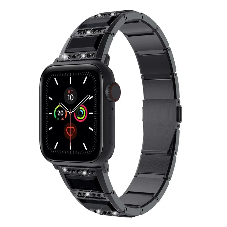 Two-tone steel strap for Apple Watch, showcasing a black strap with a sleek design and smartwatch on display.