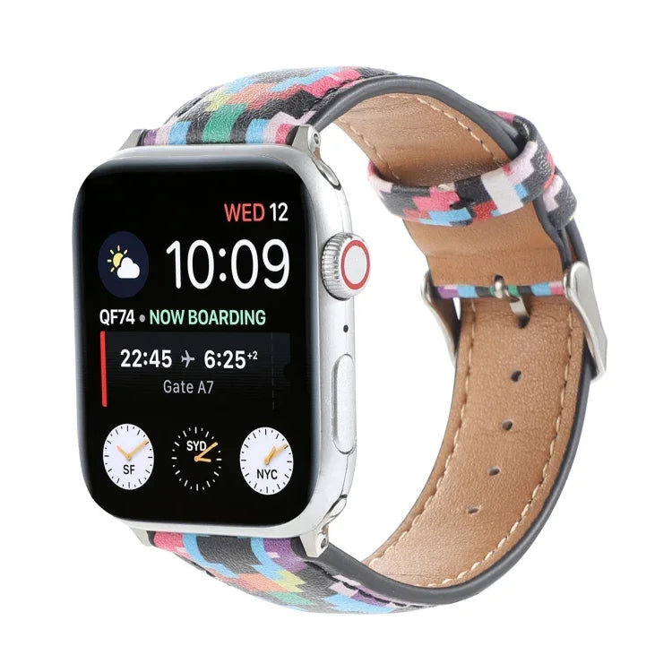 Bracelet de montre en cuir imprimé style ethnique marbre pour Apple Watch Series 6 & SE &, 5 & 4 44mm / 3 & 2 & 1 42mm, 5 & 4 40mm / 3 & 2 & 1 38mm