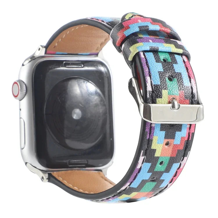 Bracelet de montre en cuir imprimé style ethnique marbre pour Apple Watch Series 6 & SE &, 5 & 4 44mm / 3 & 2 & 1 42mm, 5 & 4 40mm / 3 & 2 & 1 38mm