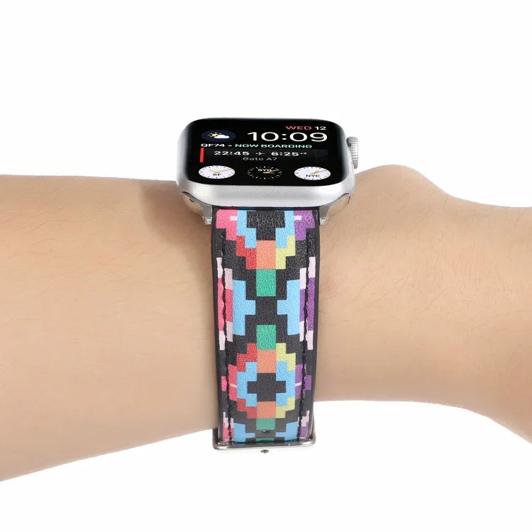Bracelet de montre en cuir imprimé style ethnique marbre pour Apple Watch Series 6 & SE &, 5 & 4 44mm / 3 & 2 & 1 42mm, 5 & 4 40mm / 3 & 2 & 1 38mm