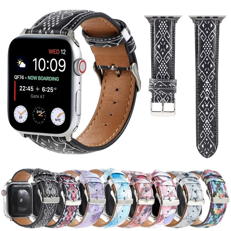 Bracelet de montre en cuir imprimé style ethnique marbre pour Apple Watch Series 6 & SE &, 5 & 4 44mm / 3 & 2 & 1 42mm, 5 & 4 40mm / 3 & 2 & 1 38mm