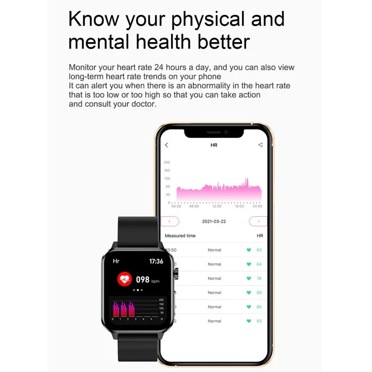 Montre connectée E86 avec écran couleur TFT 1,7 pouce, étanche IP68, compatible avec la surveillance de l'oxygène sanguin et de la température corporelle, et offrant des diagnostics médicaux par IA. Bracelet en TPU.