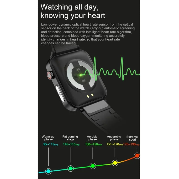 Montre connectée E86 avec écran couleur TFT 1,7 pouce, étanche IP68, compatible avec la surveillance de l'oxygène sanguin et de la température corporelle, et offrant des diagnostics médicaux par IA. Bracelet en TPU.