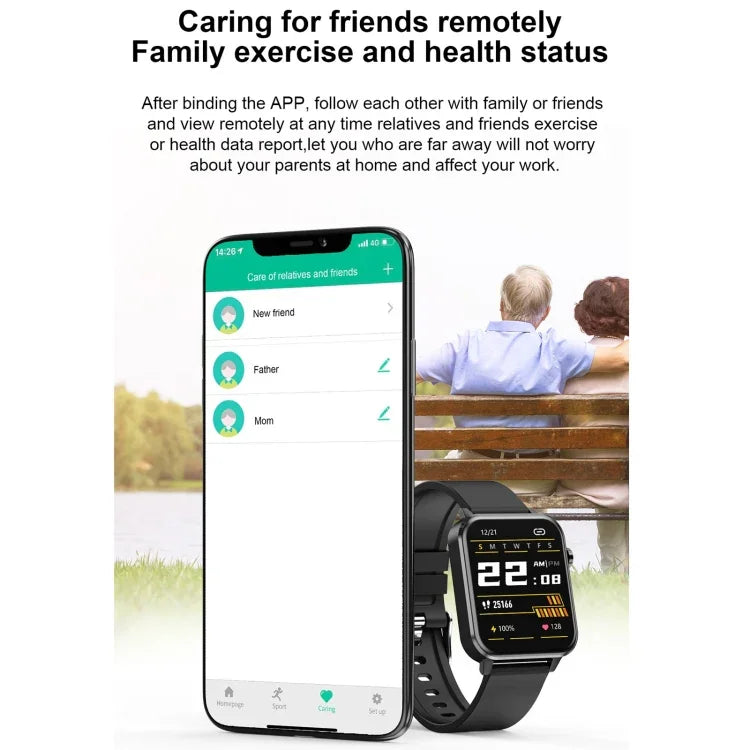 Montre connectée E86 avec écran couleur TFT 1,7 pouce, étanche IP68, compatible avec la surveillance de l'oxygène sanguin et de la température corporelle, et offrant des diagnostics médicaux par IA. Bracelet en TPU.