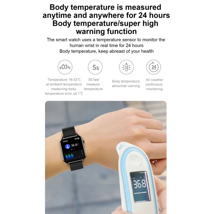 Montre connectée E86 avec écran couleur TFT 1,7 pouce, étanche IP68, compatible avec la surveillance de l'oxygène sanguin et de la température corporelle, et offrant des diagnostics médicaux par IA. Bracelet en TPU.