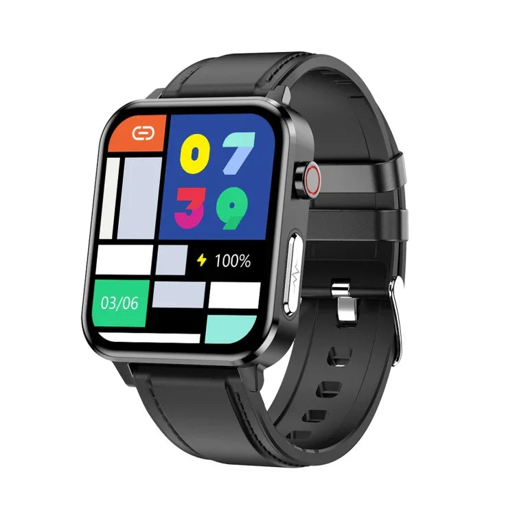 Montre connectée E86 avec écran couleur TFT 1,7 pouce, étanche IP68, compatible avec la surveillance de l'oxygène sanguin et de la température corporelle, et proposant des diagnostics médicaux par IA. Bracelet en cuir.