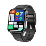 Montre connectée E86 avec écran couleur TFT 1,7 pouce, étanche IP68, compatible avec la surveillance de l'oxygène sanguin et de la température corporelle, et proposant des diagnostics médicaux par IA. Bracelet en cuir.